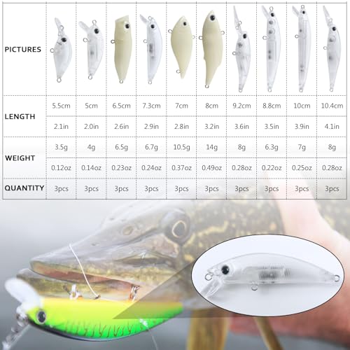 30Pcs Fishing Lure Blanks Unpainted Fishing Lures Kit Crankbait Blanks Mixed Hard Baits Crankbait Minnow Jerkbait Popper VIB Lure Bodies DIY Fishing Lures Kit