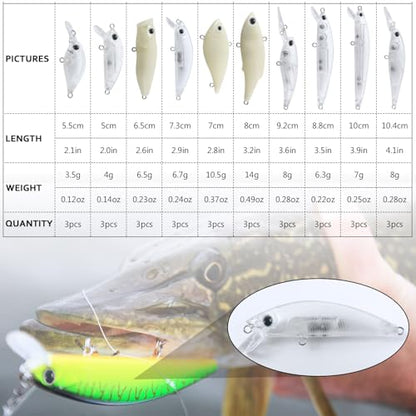 30Pcs Fishing Lure Blanks Unpainted Fishing Lures Kit Crankbait Blanks Mixed Hard Baits Crankbait Minnow Jerkbait Popper VIB Lure Bodies DIY Fishing Lures Kit