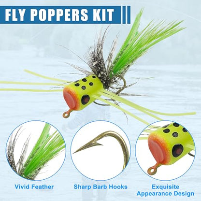 Fly Fishing Poppers Kit- 12pcs Fly Fishing Dry Flies Topwater Fishing Lures Bass Popper Flies Bugs Lures Panfish Bait Fly Trout Bobber Flies Kit for Bass Trout Crappie Panfish Bluegill Salmon