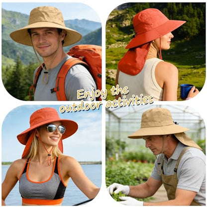 Sun Hats for Men Women, UPF50+ Protection Safari Hat,Wide Brim Fishing Hat with Neck Flap,Bucket Hats for Beach Hiking - color: Orange