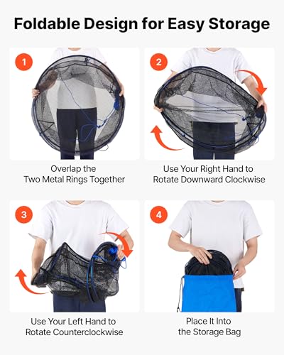 VEVOR Foldable Fishing Net, Landing Fishing Pier Nets 31.5" Hoop, Portable Drop Net for Pulling up Fish, Durable and Fish-Friendly, with Rope and Storage Bag, for Minnows, Crawfish, Shrimp, Crab