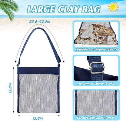 VioraWhite 2 Pcs Extra Large 14 x 16inch Clam Mesh Chum Beach Bags for Seashells Clams Treasures Sand Away Foldable Shell Collection Bags with Adjustable Straps (Navy Blue) - color: Navy Blue