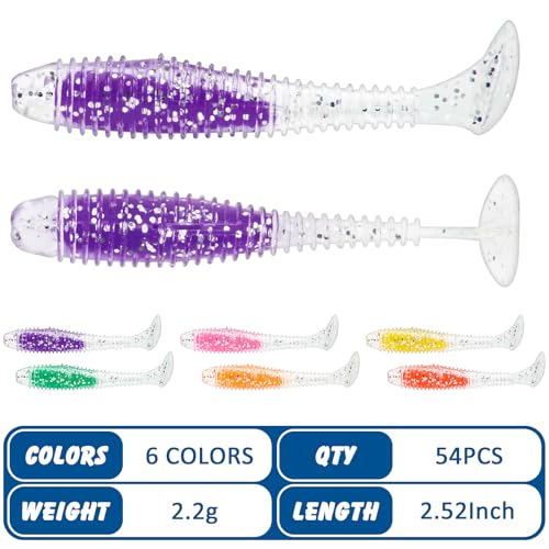 Syosisny 54PCS Soft Paddle Tail Swimbaits, 6 Vibrant Colors Fishing Lures, Versatile Bait for Freshwater Saltwater, Bass Trout Walleye Pike Crappie Fishing Tackle