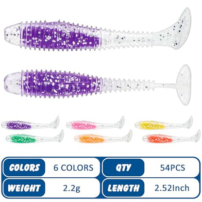 Syosisny 54PCS Soft Paddle Tail Swimbaits, 6 Vibrant Colors Fishing Lures, Versatile Bait for Freshwater Saltwater, Bass Trout Walleye Pike Crappie Fishing Tackle