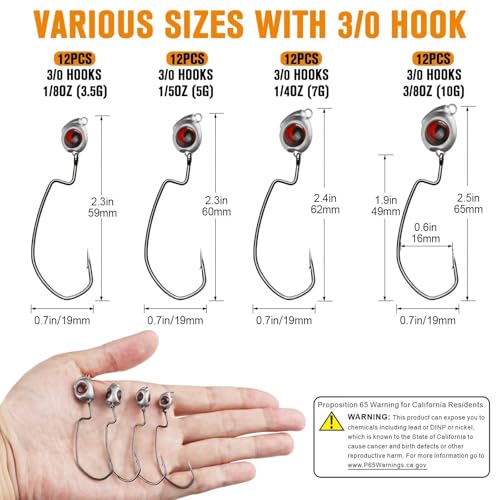 Dovesun Swimbait Jig Head 12PCS Ned Rig Jig Heads Weedless Jig Heads with 3/0 Texas Rig Hooks for Bass Fishing 1/8 1/5 1/4 3/8oz - color: 1/8oz(3.5g)*12pcs
