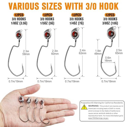 Dovesun Swimbait Jig Head 12PCS Ned Rig Jig Heads Weedless Jig Heads with 3/0 Texas Rig Hooks for Bass Fishing 1/8 1/5 1/4 3/8oz - color: 10g