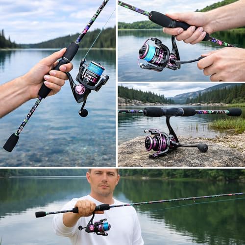 Sougayilang Fishing Rod Reel Combo, 2 Pieces Light Weight Spinning Rod with Bright Powerful Smooth Fishing Reel,Good Starter Combo for Bass Freshwater - color: Colorful