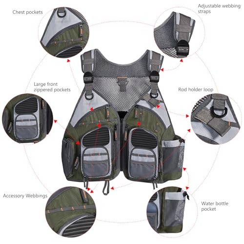 BASSDASH Strap Fishing Vest Adjustable for Men and Women, for Fly Bass Fishing and Outdoor Activities - color: Dark Green