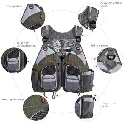 BASSDASH Strap Fishing Vest Adjustable for Men and Women, for Fly Bass Fishing and Outdoor Activities - color: Dark Green