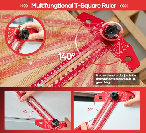 Saker Woodworking Scriber Marking Line Ruler, Adjustable Aluminum Alloy Sliding T-Square Ruler,Precision Line Drawing aid Ruler with Angle Adjustment Scale - color: Red