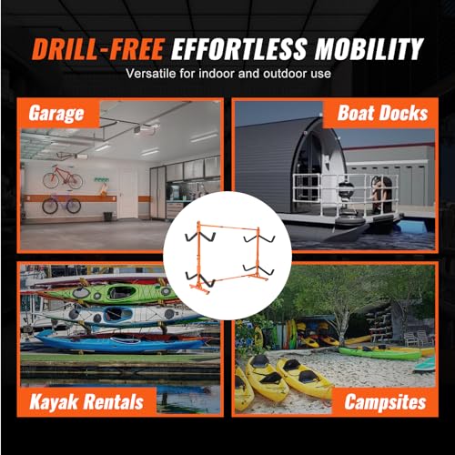 VEVOR Kayak Storage Rack, Heavy Duty Adjustable Freestanding Stand with Lockable Wheels for Indoor Outdoor Garage Shed Dock, Holder for Canoe, SUP, Surfboard & Paddleboard - style: Freestanding-4 Kayaks-orange