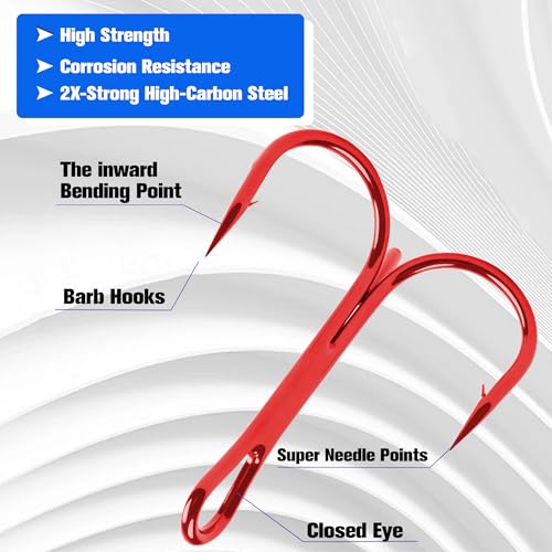 50 Pack Fishing Treble Hooks Kit High Carbon Steel Fish Hook Strong Sharp Round Bend Split Rings for Lures Baits Saltwater Freshwater Fishing Size 1/0 2 4 6 8 10 - color: Red, size: 10# - 50pcs