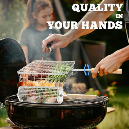 ivtivfu Grill Basket Set, Removable Wooden Handle, 304 Stainless Steel, Rolling BBQ Tools, Smoker Grilling Accessories for Vegetable Fish, Outdoor Cooking Camping, Birthday Gifts for Men Dad Husband