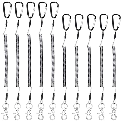 10 Pcs Fishing Tool Lanyards, Retractable Steel Wire Tethers with Carabiners, Heavy Duty Stainless Steel Coiled Security Cables for Range Finder, Kayak Accessories, 2 Sizes