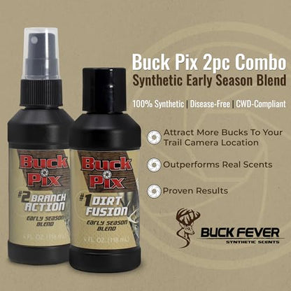 Buck Fever Buck Pix 2,3,4-Piece kit - Synthetic Deer Scent (4 oz Branch Action & 4 oz Dirt Fusion) for Whitetail & Mule - Non-Spoiling Deer Attractant for Outdoor Trail Camera - size: 2 - Piece Combo