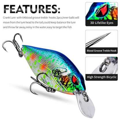 PROBEROS Crankbaits Set Fishing Lure Hard Baits Swimbaits Boat Ocean Topwater Lures Kit Fishing Tackle Hard Baits Set for Trout Bass Perch Fishing Topwater Lures Set - color: 654-0.53oz/3.2inch-6pcs