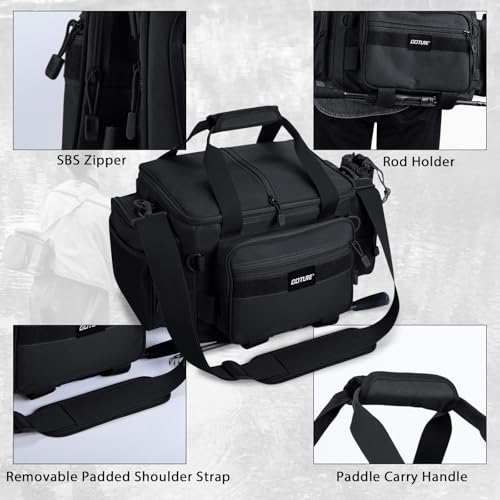 Goture Fishing Tackle Bag,Store Up to 4PCS 3700 Tackle Boxes(Not Included),600D Soft Side Water-Resistant Saltwater Gear Storage Fishing Bag with Rod Straps,Detachable Water Bottle Pouch,SBS Zippers - color: A3:Black(Without Trays-17.72"x11.81"x9.45"), si