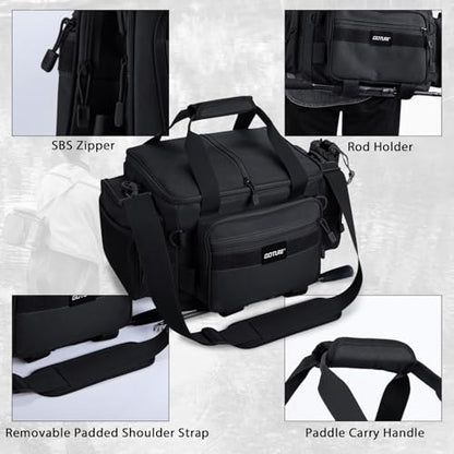 Goture Fishing Tackle Bag,Store Up to 4PCS 3700 Tackle Boxes(Not Included),600D Soft Side Water-Resistant Saltwater Gear Storage Fishing Bag with Rod Straps,Detachable Water Bottle Pouch,SBS Zippers - color: A3:Black(Without Trays-17.72"x11.81"x9.45"), si