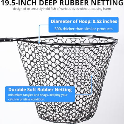 High Strength Large Landing Net - Rubber Fishing Net with Long Telescoping Handle & Soft Rubber Netting, Landing Nets for Fishing, Ideal for Boat, Pier, River Angling - size: Full Rubber Mesh - L