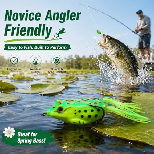 Fish Catcher, Spring Bass Fishing Gift, Novice Angler Friendly, Weedless Soft Plastic Topwater Frog Popper Lures with Embedded Hooks, Realistic Action, 5-Piece 2.16"