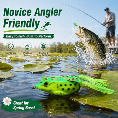 Fish Catcher, Spring Bass Fishing Gift, Novice Angler Friendly, Weedless Soft Plastic Topwater Frog Popper Lures with Embedded Hooks, Realistic Action, 5-Piece 2.16"