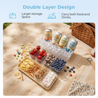 Homelove Snackle Box Container with 2 Plastic Ice Packs, Snack Organizer Divided Serving Tray with Lid and Handle, Double-layer Tray and 5-Compartment Snack Platter for Travel Party Beach Picnic - color: D