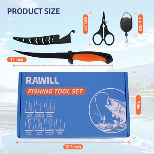 RAWILL Fishing Kit,Filleting Knife,Hook Remover,Fish Grip, Line Cutter,Fishing Scale, Pliers with Lanyards,Not Include Batteries - color: Orange
