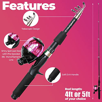 DaddyGoFish Kids Fishing Pole - Rod Reel Combo Tackle Box Starter Set - First Year Small Dock Gear Kit for Boys Girls Toddler Youth Age Beginner Little Children Junior Anglers Older Kids - color: 2 Pack- Blue + Pink