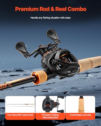 VEVOR Rod and Fishing Reel Combo, IM6/7 Carbon Fiber Spinning/Baitcasting Rod and Reel Combo, Bass Fishing Pole, Stainless Steel Guides with Ceramic Rings - color: 7 ft-Right Handle