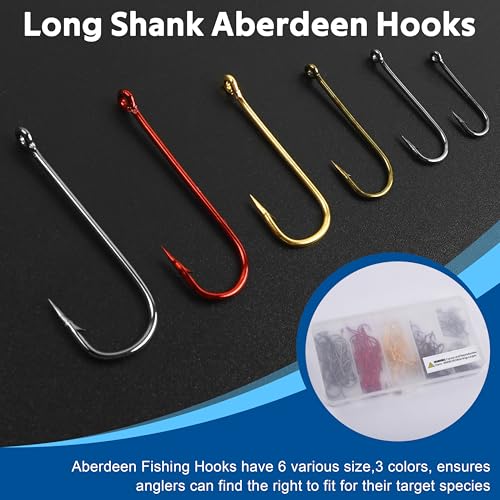 Crappie Panfish Hooks Aberdeen Fishing Hooks Set, 150pcs Long Shank Aberdeen Hooks High Carbon Steel Assorted Bluegill Small Light Wire Fishing Hooks for Bass Trout Catfish Sunfish Freshwater