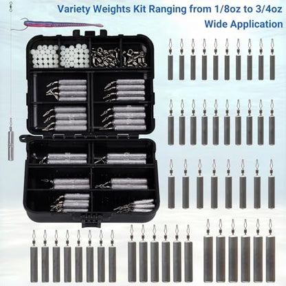 48Pcs Drop Shot Weights Set, Slim Pencil Style | Lead Fishing Weights Sinkers Kit, Dropshot Rigging, 6 Sizes Assorted, Includes Barrel Swivel and Rig Beads