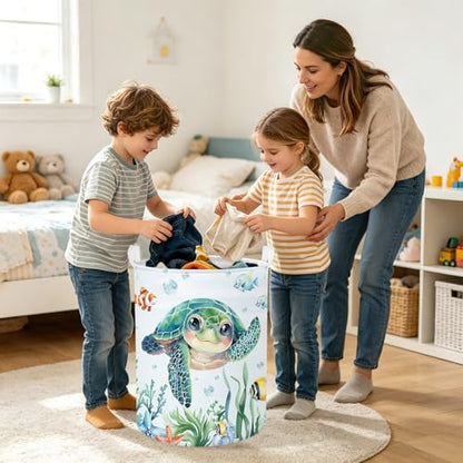 Clastyle Large Fish Sea Turtle Baby Basket Ocean Coral Seaweed Starfish Toy Book Shelf Basket Waterproof Pool Toy Beach Towel Storage Bin Collapsible Dirty Clothes Hamper, Blue, 36 * 45 cm - size: 36*45 cm