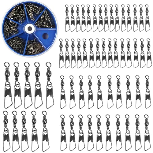 Fishing Barrel Swivel Snap Kit,Rolling Barrel Swivels with Safety Snaps High Strength Copper and Stainless Steel Fishing Quick Connect Snap Swivel Fishing Tackle - color: Black Colors - 60pcs