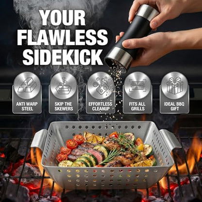 3 Piece Stainless Steel Grill Basket Set with Basting Brush, Heavy Duty Small Vegetable Grill Basket for Outdoor Grill - Perforated Compact BBQ Grill Pan & Wok Accessories for Gas, Charcoal, Veggies