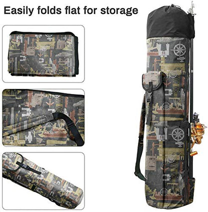Allnice Durable Canvas Fishing Rod & Reel Organizer Bag Travel Carry Case Bag- Holds 5 Poles & Tackle - color: Multiolor