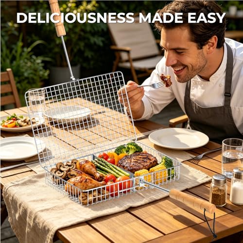 Grill Baskets for Outdoor Grill,Removable Wooden Handle and Divider Panel,BBQ Accessories for Grilling Fish,Veggies,Shrimp,Meat,Premium 304 Stainless Steel,Grilling Tools for Outdoor Cooking & Picnics,Gifts for Father’s Day,Birthday,Festival,Anniversary