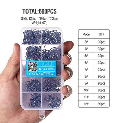 DONQL Bait Holder Hooks, 600Pcs Double Barbed Fishing Hooks 3#-12# Carp Single Fish Hook Kit Fly Fishing Accessories Carbon Steel Jig Sea Hooks for Live Bait Freshwater Saltwater (600PCS)