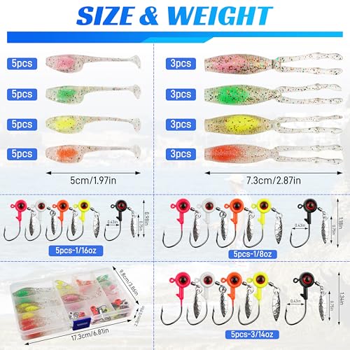 Crappie Lures Soft Plastic Fishing Lures Kit, 52pcs Glow Paddle Tail Swimbaits with Glitter, Mini Fishing Baits for Crappie Bluegill Trout Bass Perch Panfish, Freshwater Tackle Kit - color: 47pcs Crappie Jigs Lure Kit