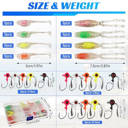 Crappie Lures Soft Plastic Fishing Lures Kit, 52pcs Glow Paddle Tail Swimbaits with Glitter, Mini Fishing Baits for Crappie Bluegill Trout Bass Perch Panfish, Freshwater Tackle Kit - color: 47pcs Crappie Jigs Lure Kit