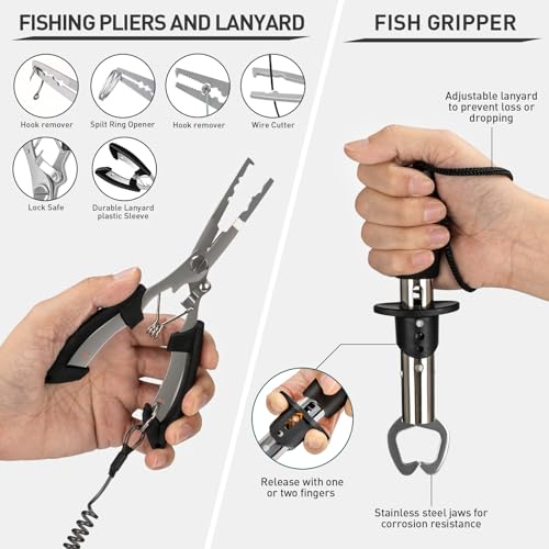 THKFISH Fishing Tool Kit, Backpack and Tackle Box with Tackle Included Lures Hooks Sinkers Accessories Kit,Pliers, Fish Lip Gripper, Fishing Gear and Fishing Gift for Men - color: Camo-462pcs