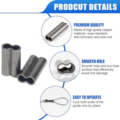 OROOTL Fishing Crimp Sleeves Kit, 500PCS Double Barrel Fishing Line Crimps Sleeves Brass Copper Crimping Loop Tubes Connector Wire Leader Rigging Tackle for Saltwater Freshwater