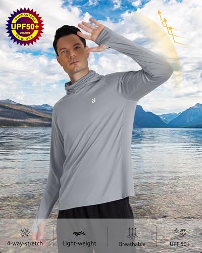 Roadbox Men's UPF 50+ Hooded Fishing Shirts Long Sleeve Sun Protection Hoodie, Hiking Running Swimming Rash Guard with Mask - color: Luxury Gray, size: X-Large