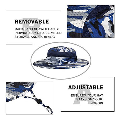YR.Lover Outdoor UV Sun Protection Wide Brim Fishing Cap with Removable Flap - color: Blue Camouflage