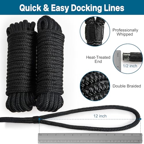 2 Pack 1/2" x 15' Boat Dock Lines for Boat & Pontoon, Premium Marine- Grade Double Braided Nylon Boat Lines, Pre-Spliced with a 12" Eyelet-Black,High Strength,Easy Handling,Boating Gifts for Men. - size: 1/2" x 15' (Pack of 2)