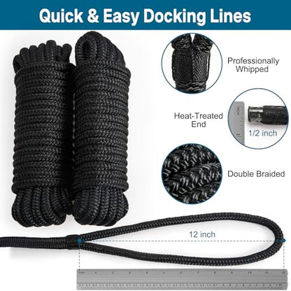2 Pack 1/2" x 15' Boat Dock Lines for Boat & Pontoon, Premium Marine- Grade Double Braided Nylon Boat Lines, Pre-Spliced with a 12" Eyelet-Black,High Strength,Easy Handling,Boating Gifts for Men. - size: 1/2" x 15' (Pack of 2)