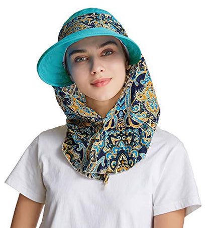 icolor Women Sun Hat UPF 50+ Sun Protection Hat Summer Outdoor Neck Shield Flap Visor Hat Ponytail Hats Wide Brim Beach Hat - color: Sky Blue