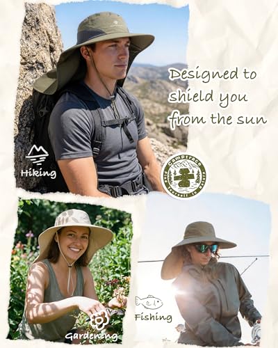 Camptrace Sun Hats for Women Men UPF 50+ UV Protection Wide Brim Hiking Fishing Hat with Neck Flap - color: 08-dark Khaki