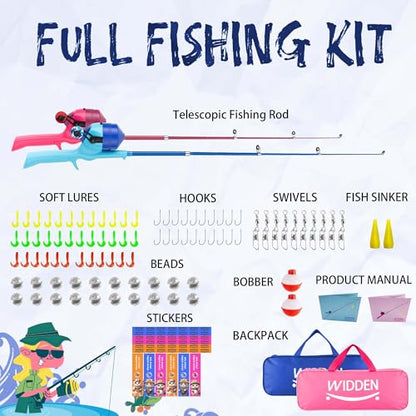 Kids Fishing Pole, Telescopic Fishing Rod, Toddler Collapsible Fishing Rod and Reel Combo with Tackle Box, Fishing Line, Bobber, and Soft Lures for Boy, Girl, Youth, Beginner, Over 4 Years Old - color: blue+pink