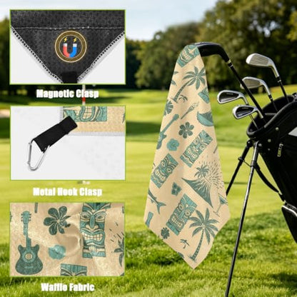 Tropical Pineapple Fish Beige Print Magnetic Golf Towel for Golf Bags Microfiber Golf Accessories for Women Men with Carabiner Clip Attaches to Carts and Clubs, 17.7"x17.7"