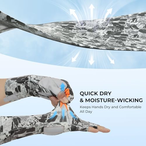 KastKing Agies Fishing Gloves Men, UPF 50+ Sun Gloves UV Protection, Cooling Quick-Dry 3/4 Fingerless Gloves with Extended Cuff, Microfiber Palm & Pull Tabs, for Fishing, Kayaking, Hiking, Hunting - color: X Camo-Gray, size: Large-X-Large